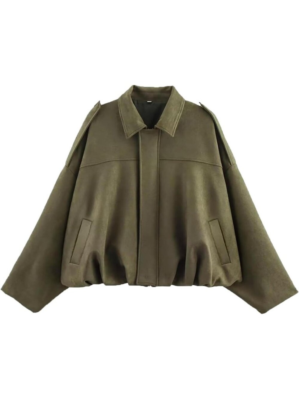 Women's Green Faux Suede Oversized Collar Cropped Batwing Sleeves Bomber Jacket